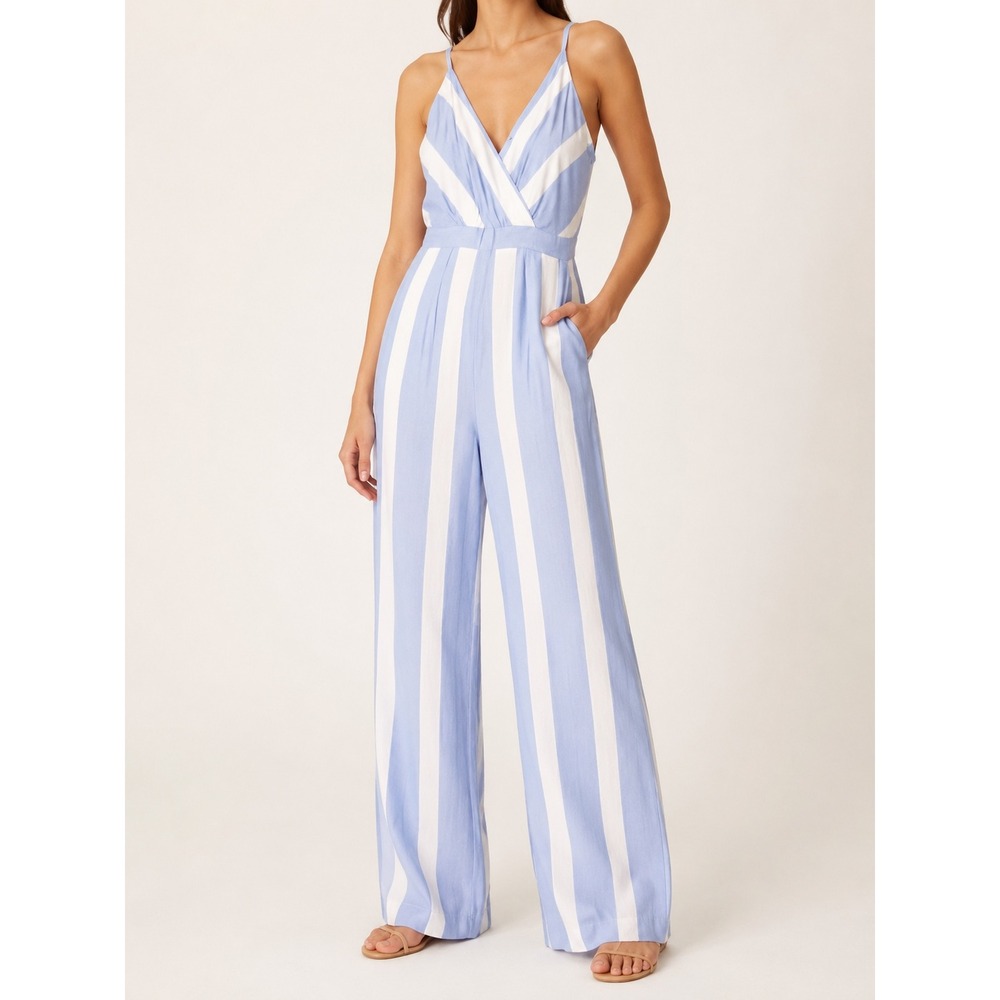 Striped wide leg jumpsuit straps women's xs rayon linen empire waist v-neck